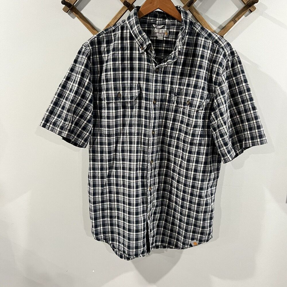 Carhartt Men L Relaxed Fit Button Down Front Collar S/S Plaid Shirt Pocket Top